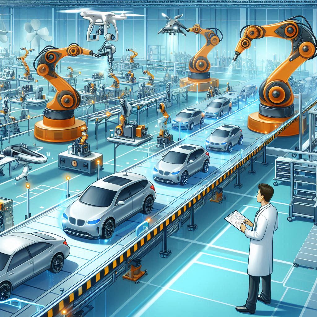 Illustration of AI in manufacturing, showcasing how artificial intelligence is driving efficiency and innovation through automation, predictive maintenance, and optimized production processes.