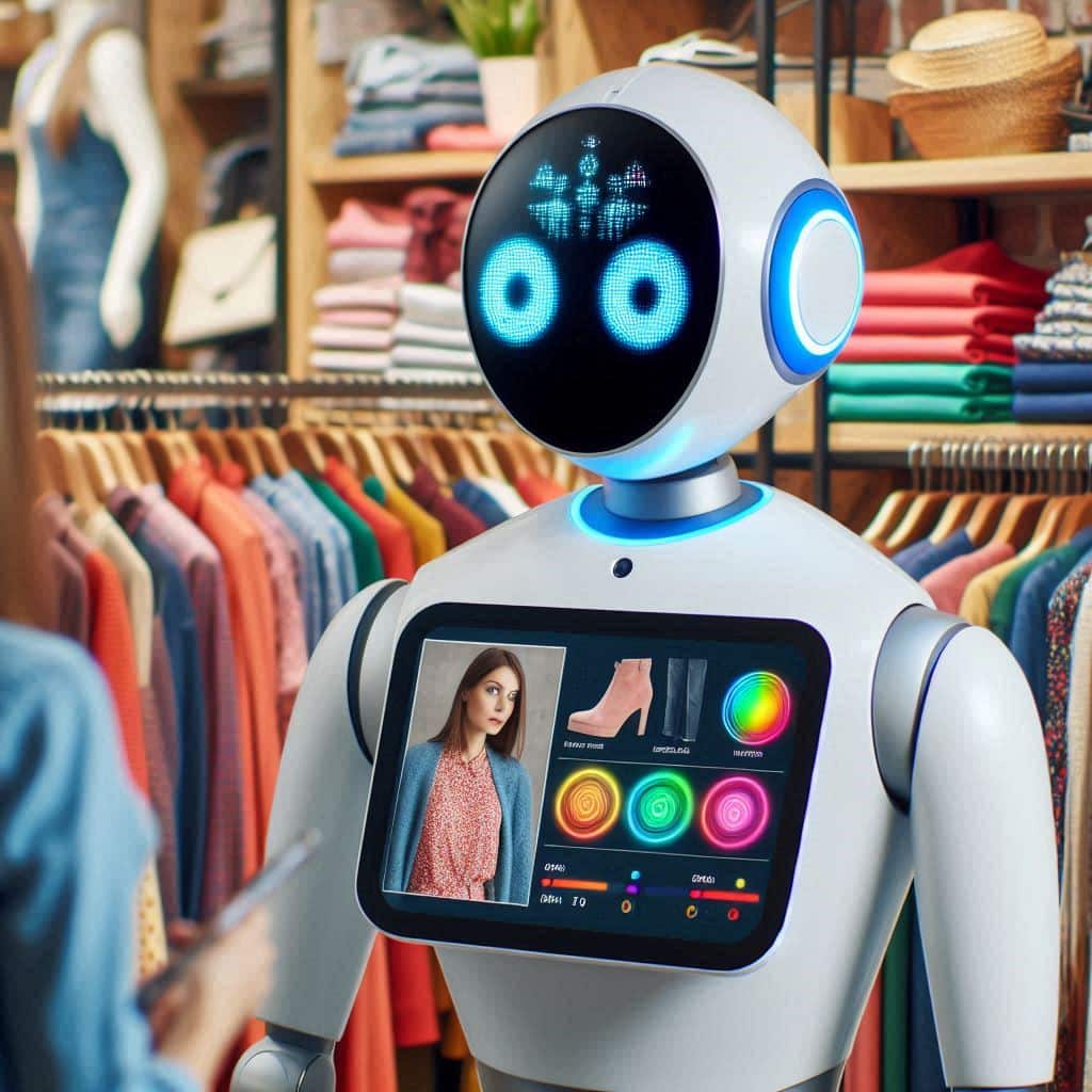 a robot with a screen and a person standing in front of a rack of clothes