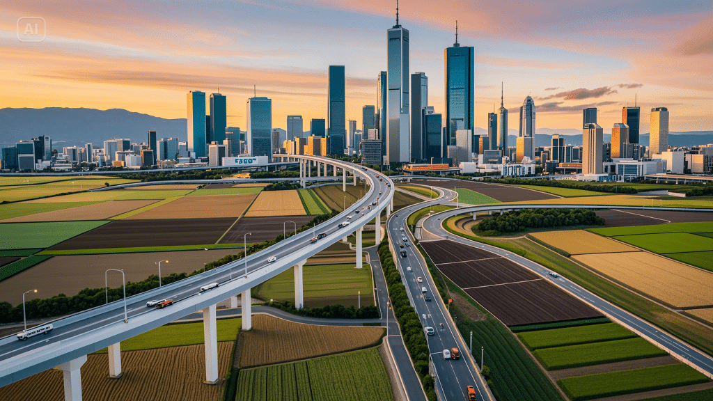 a highway with a city skyline in the background