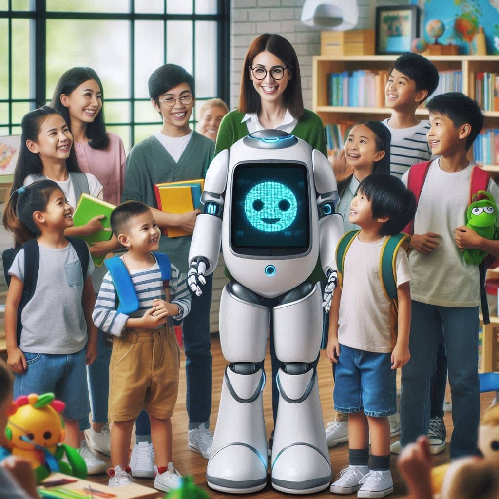 a woman standing with a robot and a group of children