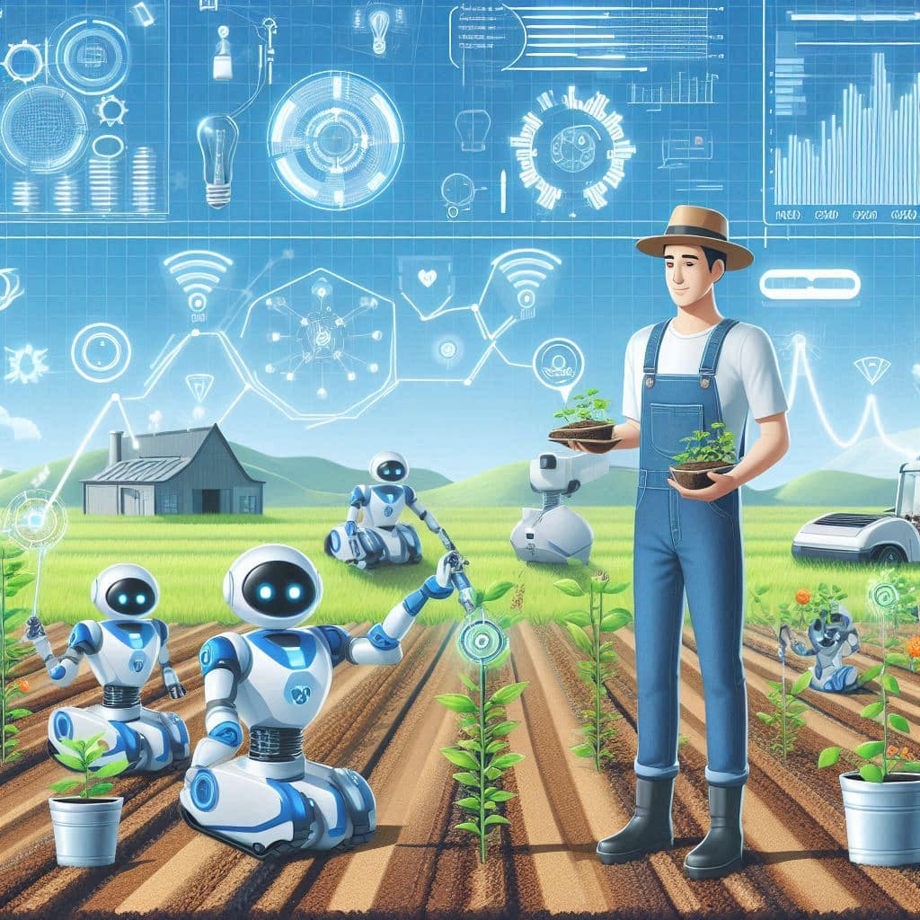 a man holding a pot with plants in a field with robots